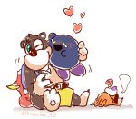  5others alternate_color animal banjo-kazooie banjo_(banjo-kazooie) bear bear_paws bird blush commentary crossover dog dog_(duck_hunt) duck duck_(duck_hunt) duck_hunt hal_laboratory_inc. heart hoshi_no_kirby hug kazooie_(banjo-kazooie) kirby kirby_(series) looking_at_another microsoft nintendo nintendo_ead no_humans one_eye_closed open_mouth pink_puff_ball rareware saori_(kabicha_910) seagull sitting sitting_on_person sketch sora_(company) super_smash_bros. super_smash_bros._ultimate tearing_up twitter_username white_background 
