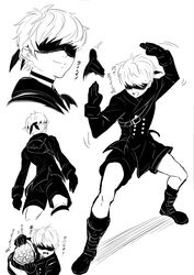  1boy bag blindfold blush boots choker collage combat_boots covered_eyes fighting_stance highres imizu_(nitro_unknown) male_focus nier_(series) nier_automata pose short_hair shorts socks solo translated yorha_no._9_type_s 