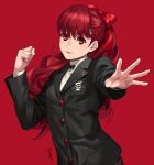  1girl black_jacket bow clenched_hand eyebrows_visible_through_hair floating_hair hair_between_eyes hair_bow jacket long_hair long_sleeves looking_at_viewer outstretched_arm parted_lips persona persona_5 persona_5_the_royal red_background red_bow red_eyes redhead school_uniform shiny shiny_hair simple_background smile solo sora_yoshitake_yuda sweater turtleneck turtleneck_sweater upper_body very_long_hair white_sweater yoshizawa_kasumi 
