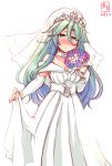  1girl alternate_costume artist_logo bare_shoulders blush bouquet breasts bridal_gauntlets bridal_veil bride collarbone cowboy_shot dated dress elbow_gloves eyebrows_visible_through_hair flower frills gloves green_eyes green_hair hair_between_eyes hair_flaps hair_flower hair_ornament highres jewelry kanon_(kurogane_knights) kantai_collection long_hair looking_at_viewer medium_breasts necklace signature simple_background solo strapless strapless_dress tiara veil wedding_dress white_background white_dress white_gloves yamakaze_(kantai_collection) 