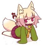  1girl :o animal_ear_fluff animal_ears arm_support bangs bell bell_collar blush brown_collar brown_footwear collar commentary_request eyebrows_visible_through_hair fox_ears fox_girl fox_tail full_body green_shirt hair_between_eyes hair_bun hair_ornament highres jingle_bell kemomimi-chan_(naga_u) long_hair long_sleeves looking_at_viewer naga_u orange_neckwear original parted_lips pleated_skirt purple_skirt red_eyes ribbon-trimmed_legwear ribbon_trim sailor_collar shadow shirt sidelocks skirt sleeves_past_fingers sleeves_past_wrists solo tail thigh-highs white_background white_legwear white_sailor_collar 