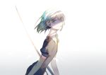  1other absurdres androgynous aqua_hair bangs black_neckwear crystal_hair ctrl_(821642) diamond_(houseki_no_kuni) elbow_gloves eyelashes eyes_in_shadow facing_to_the_side flat_chest gem_uniform_(houseki_no_kuni) glance gloves highres houseki_no_kuni looking_at_viewer looking_to_the_side medium_hair multicolored necktie parted_lips simple_background solo sword upper_body weapon white_background 