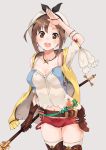  1girl absurdres atelier_(series) atelier_ryza belt blush breasts brown_eyes brown_hair derivative_work eyebrows_visible_through_hair gloves hair_ornament hairclip hat highres jewelry katsu_(katsupainter) looking_at_viewer navel necklace open_mouth red_shorts reisalin_stout short_shorts shorts solo star thighs 