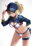  1girl artoria_pendragon_(all) baseball_cap bikini blonde_hair blue_eyes blue_headwear blue_jacket breasts cowboy_shot cropped_jacket fate/grand_order fate_(series) gradient gradient_background hair_between_eyes hat highres holding holding_hat jacket leaning_forward looking_at_viewer medium_breasts mysterious_heroine_xx_(foreigner) ponytail sanshi shrug_(clothing) side-tie_bikini smile solo swimsuit white_background white_bikini wristband 