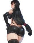  1girl ass bare_shoulders bike_shorts black_gloves black_hair black_legwear bow_(bhp) breasts earrings elbow_gloves final_fantasy final_fantasy_vii final_fantasy_vii_remake gloves hand_on_hip jewelry large_breasts long_hair looking_back low-tied_long_hair profile red_eyes simple_background solo thigh-highs tifa_lockhart very_long_hair white_background 
