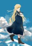  1girl bangs black_footwear black_ribbon blonde_hair blue_coat blue_eyes blue_sky boots bow closed_mouth clouds commentary_request day eyebrows_visible_through_hair hair_between_eyes hair_bow hand_in_pocket long_hair long_sleeves nagata_ozu original outdoors ribbon ripples sky solo very_long_hair walking water white_bow 