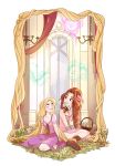  2girls absurdres aerith_gainsborough bangle blonde_hair boots bracelet brown_hair chandelier commission crossover disney dress english_commentary final_fantasy final_fantasy_vii flower flower_basket grass green_eyes hanging highres jewelry kingdom_hearts lifestream long_hair mandy_moore meteor multiple_girls neck_ribbon painting_(object) pascal_(tangled) ponytail rapunzel_(disney) ribbon seiyuu_connection signature skirtzzz square_enix tangled trait_connection very_long_hair voice_actor_connection voice_actress_connection 