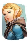  1girl black_cape blonde_hair blue_eyes blue_shirt braid cape crown_braid forehead from_side hair_ornament hairclip hankuri looking_at_viewer looking_to_the_side parted_lips pointy_ears princess_zelda red_lips shirt short_hair side_ponytail solo the_legend_of_zelda:_breath_of_the_wild_2 two-tone_background upper_body 