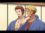  2boys 47_(479992103) arm_on_shoulder beard beowulf_(fate/grand_order) blonde_hair blue_eyes brown_hair facial_hair fate/grand_order fate_(series) formal male_focus multiple_boys muscle napoleon_bonaparte_(fate/grand_order) one_eye_closed open_mouth pectorals red_eyes scar 