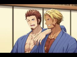  2boys 47_(479992103) arm_on_shoulder beard beowulf_(fate/grand_order) blonde_hair blue_eyes brown_hair facial_hair fate/grand_order fate_(series) formal male_focus multiple_boys muscle napoleon_bonaparte_(fate/grand_order) one_eye_closed open_mouth pectorals red_eyes scar 