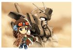  1girl braid brown_eyes brown_hair chibi cloak commentary_request detached_sleeves fingerless_gloves full_armor_zz_gundam gloves goggles gundam gundam_the_battle_master honey-b_(gundam) long_hair mayata mecha sd_gundam very_long_hair zz_gundam 