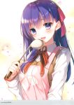  1girl :d absurdres apron bangs bow bowtie buttons english_text eyebrows_visible_through_hair fate/stay_night fate_(series) fingernails gradient gradient_background hair_bow hair_ribbon hand_up highres ladle long_hair long_sleeves looking_at_viewer matou_sakura open_mouth petals purple_hair ribbon scan shiny shiny_hair shiny_skin smile solo toosaka_asagi upper_body violet_eyes 