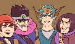  4boys absurdres bandana blue_eyes bracelet cape circlet curly_hair dragon_quest dragon_quest_iii dragon_quest_iv dragon_quest_vi dragon_quest_xi earrings eight_(dragon_quest) elbow_gloves erdrick_(dragon_quest) gloves green_hair hat helmet hero_(dq11) hero_(dq4) hero_(dq6) highres jewelry looking_at_viewer luminary male_focus me_and_the_boys meme mitre multiple_boys roto scruffyturtles shield smile solo_(dragon_quest) trolling 