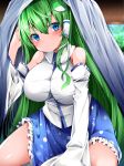  1girl bangs bare_shoulders bed_sheet between_breasts blue_eyes blue_neckwear blue_skirt blurry blurry_background blush breasts buta_(uhoiiotoko) closed_mouth covered_nipples detached_sleeves eyebrows_visible_through_hair frog_hair_ornament green_hair hair_between_eyes hair_ornament hair_tubes hand_in_hair hand_up highres indoors juliet_sleeves kochiya_sanae large_breasts legs_apart long_hair long_sleeves looking_to_the_side necktie necktie_between_breasts no_bra nontraditional_miko petticoat polka_dot_skirt puffy_sleeves shirt skirt smile snake_hair_ornament solo thighs touhou tree under_covers very_long_hair white_shirt window 
