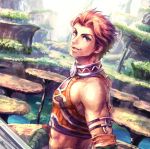  1boy armlet bomssp dark_skin dark_skinned_male gaur_plains looking_at_viewer looking_back male_focus midriff orange_hair rein_(xenoblade) solo violet_eyes xenoblade_(series) xenoblade_1 