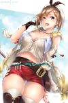  1girl :d atelier_(series) atelier_ryza bangs belt blush breasts brown_eyes brown_gloves brown_hair commentary_request cowboy_shot gloves hair_ornament hairclip hand_up hat holding holding_staff hooded_vest jewelry large_breasts looking_at_viewer midriff necklace open_clothes open_mouth open_vest red_shorts rei_kun reisalin_stout revision round-bottom_flask short_hair short_shorts shorts sidelocks signature skindentation smile solo staff star thigh-highs thighs vest white_headwear yellow_vest 