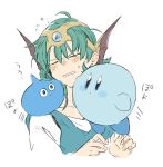  1boy 1other asymmetrical_clothes blue_skin blush closed_eyes crossover curly_hair dragon_quest dragon_quest_iv earrings ebira green_hair helmet heroine_(dq4) jewelry kirby kirby_(series) monster open_mouth short_hair slime slime_(dragon_quest) smile solo staff super_smash_bros. 