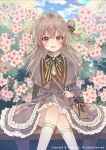  1girl :d ahoge bag blue_sky blurry blurry_background blush bow brown_capelet brown_dress brown_eyes brown_hair capelet clouds cloudy_sky commentary_request day depth_of_field dress flower frilled_dress frills green_bow hair_bow kneehighs laurelfalcon long_hair long_sleeves official_art one_side_up open_mouth outdoors pink_flower shoulder_bag sid_story sitting sky smile solo striped striped_bow watermark white_legwear 