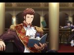  1boy 47_(479992103) beard blue_eyes book brown_hair facial_hair fate/grand_order fate_(series) fou_(fate/grand_order) fujimaru_ritsuka_(male) long_sleeves male_focus military military_uniform muscle napoleon_bonaparte_(fate/grand_order) pants sash scar short_hair sitting solo uniform 