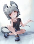  1girl alternate_costume animal_ear_fluff animal_ears bangs bare_arms bare_legs bare_shoulders black_shirt blue_shirt blue_shorts blush choker crossed_legs eyebrows_visible_through_hair full_body grey_hair grin half-closed_eyes hand_on_own_chin hand_up head_tilt highres kibayashi_kimori knee_up mouse_ears mouse_tail nazrin off_shoulder rain red_eyes shirt shoes short_hair short_sleeves shorts sitting smile smug solo spread_legs tail touhou traditional_media water watercolor_(medium) wet wet_face wet_hair 