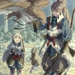  2boys :d animal arm_at_side armor arrow_(projectile) bangs bird blue_shirt bow_(weapon) bush clenched_hands closed_mouth falconry father_and_son faulds feathers fire_emblem fire_emblem_fates fur fur_(clothing) gloves grass grey_hair hair_between_eyes hair_ribbon harusame_(rueken) hawk high_collar high_ponytail holding holding_bow_(weapon) holding_weapon japanese_armor japanese_clothes kiragi_(fire_emblem) long_hair long_sleeves looking_at_animal male_focus multiple_boys nature open_mouth orange_eyes out_of_frame outdoors pants ponytail quiver rabbit red_ribbon ribbon sash shin_guards shiny shiny_hair shirt short_hair sidelocks silver_trim smile standing takumi_(fire_emblem) tassel teeth tied_hair tree tsurime vambraces weapon wide-eyed yumi_(bow) 