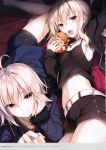  2girls absurdres ahoge armpits artoria_pendragon_(all) bangs belt black_dress black_shorts blonde_hair breasts camisole cup dress eating fate/grand_order fate_(series) food hamburger head_rest highres jacket jeanne_d&#039;arc_(alter)_(fate) jeanne_d&#039;arc_(fate)_(all) jewelry long_hair long_sleeves looking_at_viewer lying midriff mug multiple_girls navel necklace on_stomach open_mouth saber_alter saber_alter_costume_ver._shinjuku_1999 scan short_dress shorts small_breasts smile toosaka_asagi wicked_dragon_witch_ver._shinjuku_1999 yellow_eyes 