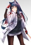  1girl animal_ear_fluff animal_ears arknights black_shirt blue_hair blush brown_eyes cowboy_shot gloves holding holding_sword holding_weapon jacket knoy3356 long_hair long_sleeves looking_at_viewer no_pants pantyhose red_gloves shirt standing sword texas_(arknights) weapon white_jacket 