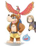  1boy 3others animal backpack bag banjo-kazooie banjo_(banjo-kazooie) bear belt bird blob blue_backpack blue_eyes brown_hair dragon_quest dragon_quest_xi furry green_eyes happy hero_(dq11) jewelry kazooie_(banjo-kazooie) microsoft necklace nintendo open_mouth pants puzzle_piece rareware slime_(dragon_quest) sora_(company) square_enix super_smash_bros. super_smash_bros._ultimate super_smash_bros_brawl tsubobot yellow_pants 