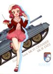  1girl :d absurdres box brown_eyes character_name crusader_(tank) girls_und_panzer ground_vehicle heart-shaped_box highres holding holding_box jacket layered_skirt leg_up long_sleeves looking_at_viewer medium_hair military military_vehicle motor_vehicle open_clothes open_jacket open_mouth pleated_skirt print_sweater red_footwear red_jacket red_skirt redhead rosehip see-through shiny shiny_hair skirt smile solo standing standing_on_one_leg sweater tank tongue tongue_out turtleneck turtleneck_sweater 