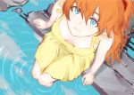  1girl blue_eyes breasts downblouse dress from_above hair_between_eyes highres knees_together neon_genesis_evangelion orange_hair painterly popofu small_breasts soaking_feet solo souryuu_asuka_langley sundress yellow_dress 