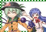  &gt;_&lt; 2girls ^_^ arms_up black_headwear blue_hair blush bow bowtie breasts checkered_border closed_eyes commentary_request dress eyebrows_visible_through_hair food fruit green_hair hair_between_eyes hat hat_removed headwear_removed hinanawi_tenshi komeiji_koishi layered_dress leaf long_hair long_sleeves multiple_girls open_mouth peach puffy_short_sleeves puffy_sleeves reaching red_neckwear shirt short_hair short_sleeves simple_background small_breasts smile sugiyama_ichirou third_eye touhou upper_body very_long_hair white_background yellow_shirt 