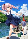  2girls :d alternate_costume blue_dress blue_hair blue_shorts blue_sky bracelet bucket casual clouds collared_shirt day dress fishing fishing_rod floating_hair full_body grin hair_bobbles hair_ornament hair_ribbon highres holding holding_fishing_rod ichikawa_feesu jewelry kantai_collection long_hair multiple_girls ooshio_(kantai_collection) open_mouth outdoors pinafore_dress pink_eyes pink_hair remodel_(kantai_collection) ribbon running sazanami_(kantai_collection) shirt shoes short_hair short_twintails shorts sitting sky smile twintails white_footwear white_shirt 