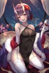  1girl bangs bare_shoulders black_dress blush bob_cut breasts cenangam cup dress elbow_gloves eyebrows_visible_through_hair fate/grand_order fate_(series) garter_belt garter_straps gloves holding holding_cup horns looking_at_viewer makeup off_shoulder oni oni_horns pelvic_curtain purple_hair short_hair shuten_douji_(fate/grand_order) small_breasts smile solo sparkle underwear violet_eyes white_legwear 