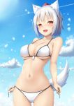  1girl :d animal_ear_fluff animal_ears ass_visible_through_thighs bangs bare_arms bare_shoulders bikini blue_sky blush breasts clouds collarbone commentary_request cowboy_shot day eyebrows_visible_through_hair groin halterneck hat highres inubashiri_momiji large_breasts looking_at_viewer navel nose_blush open_mouth outdoors red_eyes short_hair side-tie_bikini sidelocks silver_hair sky smile solo standing stomach swimsuit tail tassel tatsumiya_kagari tokin_hat touhou water_drop white_bikini wolf_ears wolf_tail 