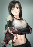  1girl adjusting_clothes adjusting_gloves bangs bare_shoulders black_skirt blush breasts closed_mouth earrings elbow_gloves elbow_pads final_fantasy final_fantasy_vii final_fantasy_vii_remake fingerless_gloves gloves highres jewelry kilye_4421 large_breasts long_hair looking_at_viewer low-tied_long_hair midriff miniskirt navel pencil_skirt shirt skirt smile solo suspender_skirt suspenders tank_top taut_clothes taut_shirt tifa_lockhart very_long_hair 