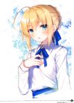  1girl absurdres ahoge artoria_pendragon_(all) bangs blonde_hair blue_bow blush bow bowtie braid eyebrows_visible_through_hair fate/stay_night fate_(series) fingernails french_braid green_eyes hand_on_own_chest hand_up highres long_sleeves looking_at_viewer open_mouth parted_lips saber scan shiny shiny_hair shirt simple_background solo toosaka_asagi upper_body white_background white_shirt 