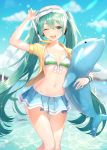  1girl ;d absurdres aqua_eyes aqua_hair arm_up artist_name bikini_skirt blue_skirt blue_sky blurry breasts clouds collarbone day depth_of_field front-tie_bikini front-tie_top goggles goggles_on_head hatsune_miku highres inflatable_toy long_hair looking_at_viewer miniskirt navel one_eye_closed open_clothes open_mouth open_shirt outdoors shirt skirt sky small_breasts smile snorkel solo soyubee standing stomach striped_bikini_top sunlight thighs twintails very_long_hair vocaloid water wristband yellow_shirt 