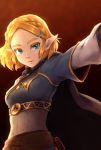  1girl blonde_hair blue_eyes blue_shirt braid breasts chikuwa_(rinka) cloak cowboy_shot crown_braid hair_ornament hairclip looking_at_viewer medium_breasts outstretched_arm pointy_ears princess_zelda red_background shirt short_hair simple_background solo the_legend_of_zelda the_legend_of_zelda:_breath_of_the_wild the_legend_of_zelda:_breath_of_the_wild_2 thick_eyebrows triforce 
