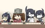  4girls black_hair blue_eyes brown_eyes brown_hair commentary_request conveyor_belt dated food gradient_hair green_eyes hamu_koutarou hat highres horns japanese_clothes kantai_collection kariginu long_hair magatama matsuwa_(kantai_collection) multicolored_hair multiple_girls night_strait_hime_(black) night_strait_hime_(white) purple_hair red_shirt ryuujou_(kantai_collection) sailor_hat shinkaisei-kan shirt short_hair sushi twintails upper_body visor_cap white_headwear 