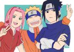  1girl 2boys :d bangs black_eyes black_hair blonde_hair blue_shirt border closed_eyes closed_mouth crossed_arms forehead forehead_protector green_background green_eyes haruno_sakura highres jacket long_sleeves looking_at_viewer multiple_boys naruto naruto_(series) ninja open_mouth orange_jacket pink_eyes pink_hair pinoko_(pnk623) red_shirt shirt short_hair short_sleeves simple_background sketch smile team7 teeth uchiha_sasuke uzumaki_naruto v v-shaped_eyebrows 