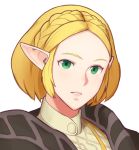  1girl absurdres alternate_hair_length alternate_hairstyle bangs braid face forehead french_braid green_eyes highres parted_bangs pointy_ears portrait princess_zelda roviahc short_hair sidelocks solo the_legend_of_zelda:_breath_of_the_wild_2 white_background 
