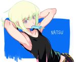  1boy armpits arms_up blonde_hair food green_hair hamaguri_(nirak1203) lio_fotia looking_at_viewer male_focus open_mouth popsicle promare shirt solo tying_hair 