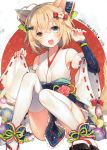  1girl 2018 :d absurdres ahoge animal_ears arm_up bangs black_footwear blue_skirt blush bow chinese_zodiac collarbone detached_sleeves dog_ears eyebrows_visible_through_hair fang fingernails flower hair_between_eyes hair_bow happy_new_year head_tilt heterochromia highres japanese_clothes kimono kimono_skirt light_brown_hair long_sleeves looking_at_viewer new_year obi open_mouth original pinching_sleeves pink_flower red_ribbon ribbon ribbon-trimmed_sleeves ribbon_trim sandals sash scan short_hair sitting skirt sleeveless sleeveless_kimono smile socks thigh-highs toosaka_asagi white_kimono white_legwear wide_sleeves year_of_the_dog zouri 