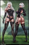  2girls android aroma_sensei artist_name ass back_cutout black_footwear black_gloves black_hairband black_legwear black_shorts blindfold blurry blurry_background boots breasts cover_image elbow_gloves facing_viewer feather_trim gloves hairband high_heel_boots high_heels highleg highleg_leotard highres large_breasts legs_apart leotard lips long_hair looking_at_viewer looking_back mole mole_under_mouth multiple_girls nier_(series) nier_automata outdoors parted_lips puffy_short_sleeves puffy_sleeves robot_joints short_hair short_shorts short_sleeves shorts silver_hair smile standing tank_top thigh-highs thighhighs_under_boots watermark web_address yellow_eyes yorha_no._2_type_b yorha_type_a_no._2 