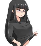  1girl bandaid bandaid_on_face bandaid_on_nose bangs black_hair black_shirt blunt_bangs breasts commentary cropped_torso english_commentary eyebrows_visible_through_hair large_breasts lifted_by_self long_hair long_sleeves midriff_peek mochi_(chain_csn) original shirt shirt_lift sidelocks simple_background solo upper_body violet_eyes white_background 