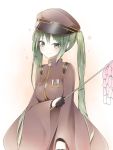  1girl badge brown_dress brown_headwear cherry_blossoms commentary dress epaulettes eyebrows_visible_through_hair flower flower_neckwear giryu gloves gohei green_eyes green_hair hair_between_eyes hat hatsune_miku highres holding long_hair looking_at_viewer military_hat oonusa senbon-zakura_(vocaloid) simple_background smile solo symbol_commentary twintails upper_body very_long_hair vocaloid white_background wide_sleeves 