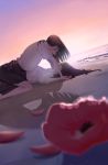  2girls absurdres anemone_(flower) barefoot beach blue_eyes blurry_foreground brown_eyes brown_hair crying eye_contact flower highres long_hair looking_at_another lying multiple_girls on_back original pinned saltusann shadow shirt short_sleeves straddling twilight uniform waves white_shirt yuri 