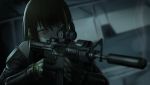  1girl absurdres aiming assault_rifle blurry blurry_background blurry_foreground brown_eyes brown_hair commentary_request depth_of_field girls_frontline gloves gun highres m4_carbine m4a1_(girls_frontline) rifle solo suppressor tararelux weapon 