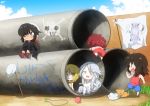  5girls @_@ bangs black_collar black_eyes black_hair blonde_hair blue_eyes blue_shorts blue_sky boots cat child clipboard closed_mouth collar commentary curly_hair cutlass_(girls_und_panzer) dark_skin day dixie_cup_hat emblem flag flint_(girls_und_panzer) frown girls_und_panzer grey_eyes grey_skirt hair_over_one_eye hat jinguu_(4839ms) jump_rope long_hair long_sleeves looking_at_another military_hat multiple_girls murakami_(girls_und_panzer) ogin_(girls_und_panzer) open_mouth outdoors pants ponytail red_footwear red_pants red_shirt redhead rum_(girls_und_panzer) sandals shadow shark shirt short_sleeves shorts silver_hair sitting skirt skull_and_crossbones sky smile standing standing_on_one_leg stick striped striped_shirt sweat tank_top translation_request white_flag white_headwear white_shirt yellow_eyes yellow_shirt younger 