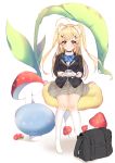  1girl absurdres ahoge alternate_costume azur_lane bag bangs bird_hair_ornament blazer blonde_hair bow bowtie chinese_commentary choker commentary_request cup eldridge_(azur_lane) eyebrows_visible_through_hair giant_mushroom hair_ornament highres holding holding_cup holding_spoon jacket kuaua latte_art long_hair looking_at_viewer mushroom no_shoes pleated_skirt red_eyes saucer school_bag school_uniform simple_background sitting skirt smile solo spoon teacup thigh-highs two_side_up white_background white_legwear 